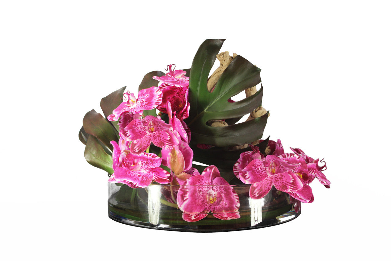 Coupe Heritage 16" à la feuille de Monstera et orchidées fuchsia