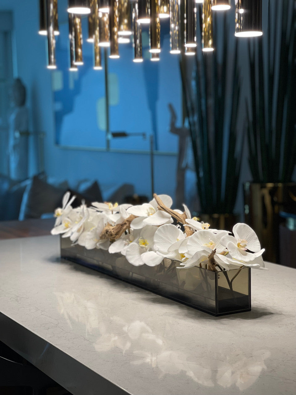 Cache-pot en verre plat teinté noir Casa Moderna 48" aux orchidées Phalaenopsis blanches