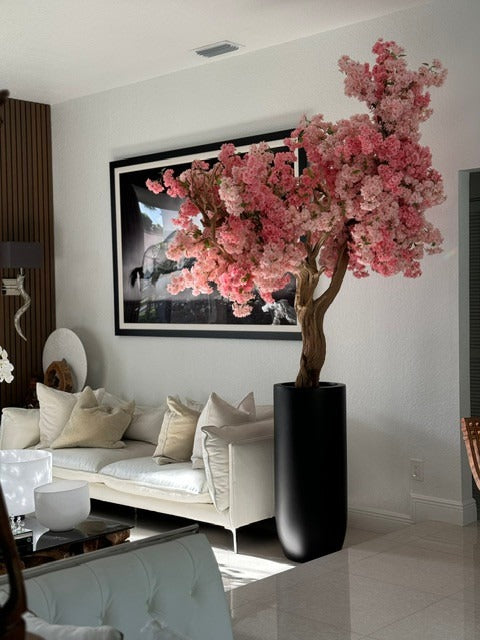 Cache-pot St. Tropez noir mat au cerisier en fleurs rose sur mesure